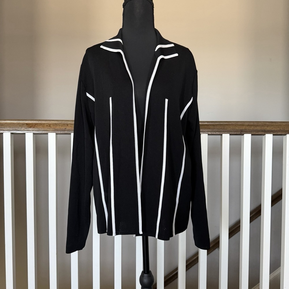 Exclusively Misook Womens Cardigan‎ Black White Large Career Quiet Luxury Office